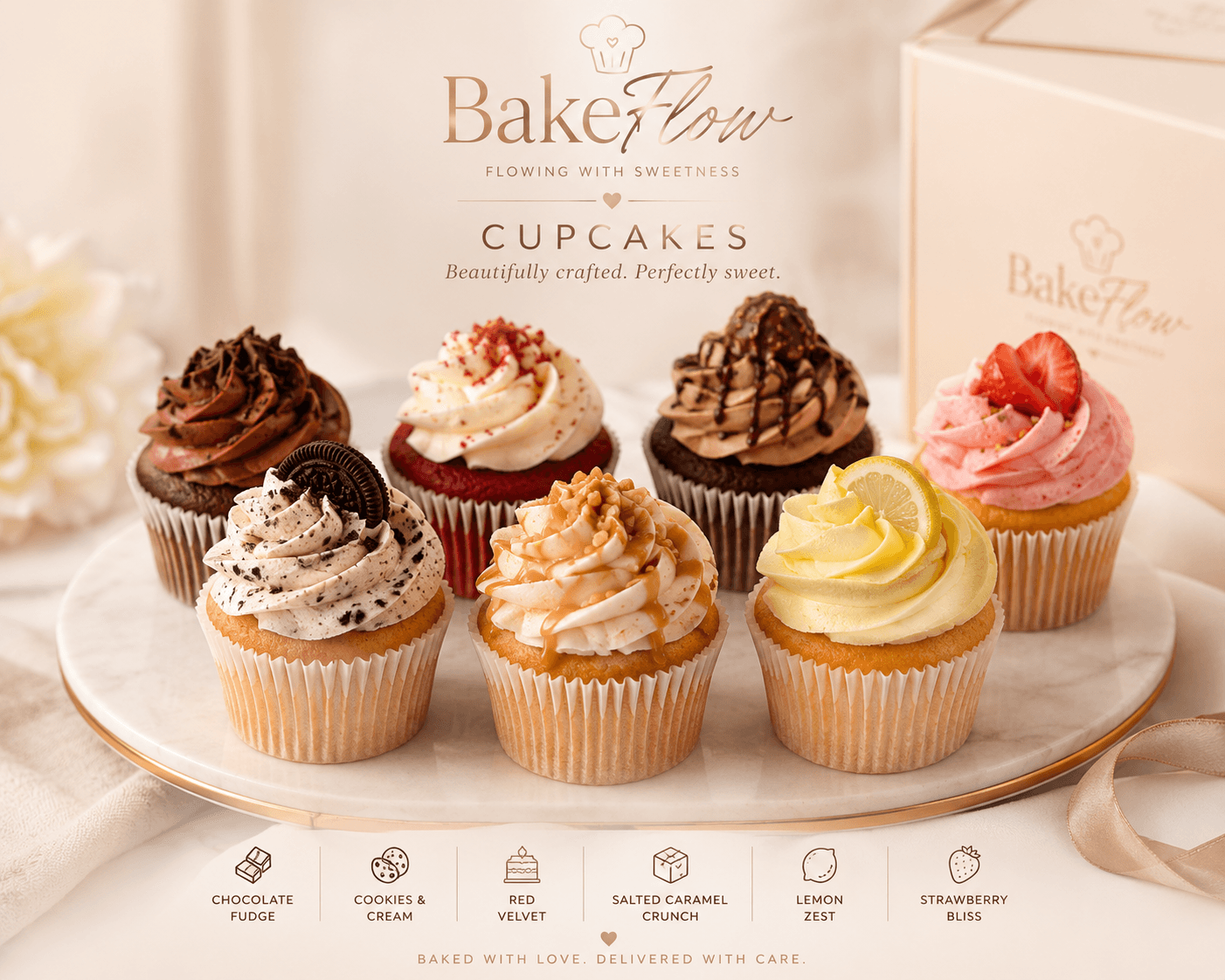 Assorted handcrafted cupcakes with chocolate and vanilla frosting