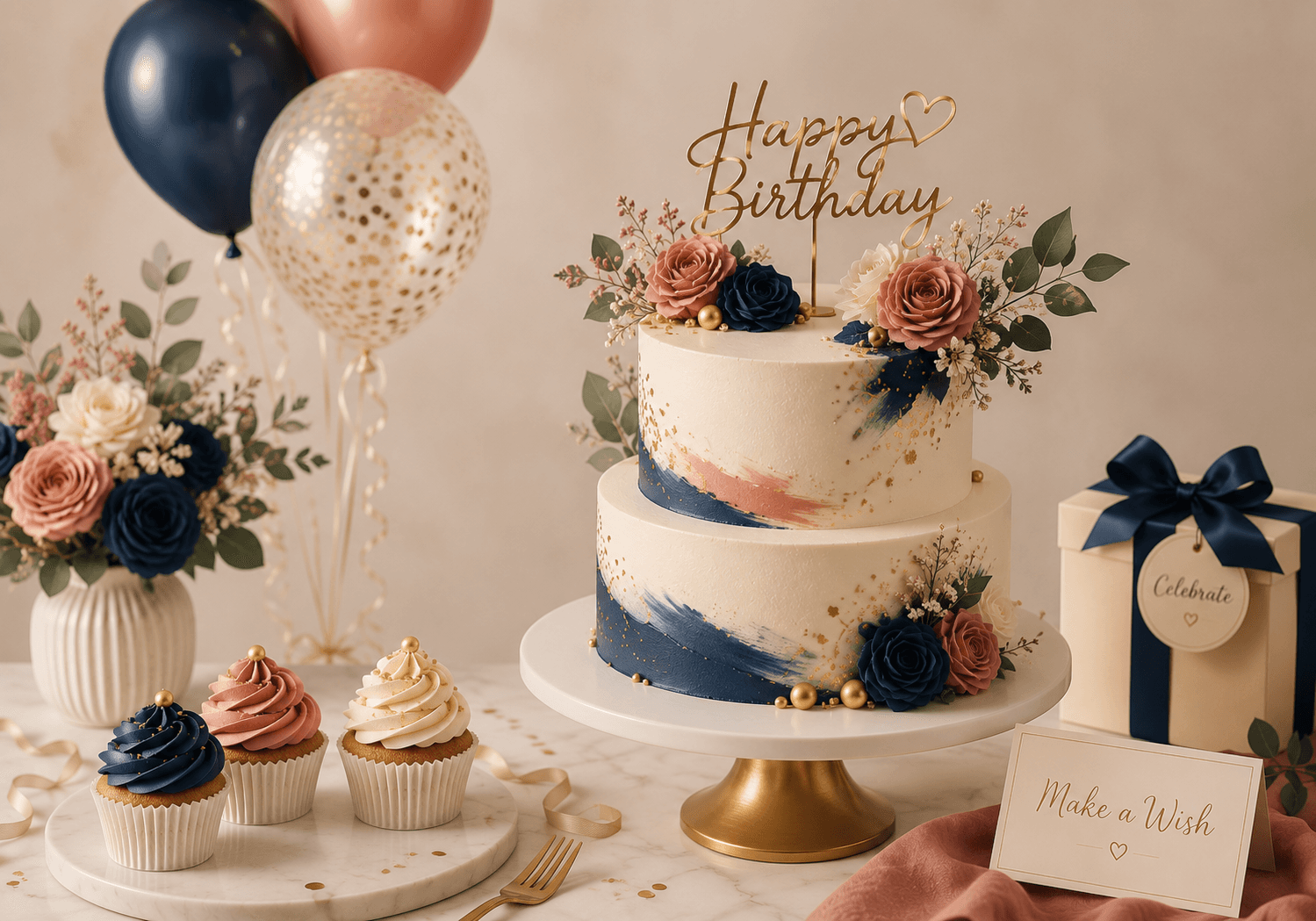 Elegant floral birthday cake with cupcakes and celebration details