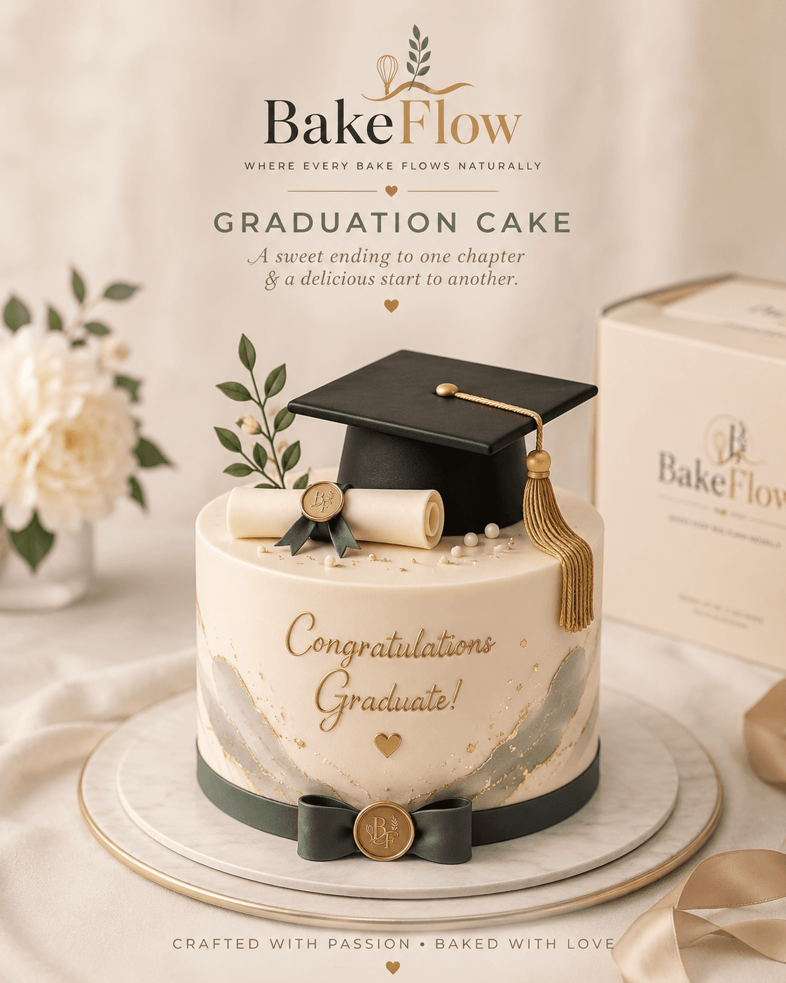 Graduation cake finished with a cap and congratulatory scroll