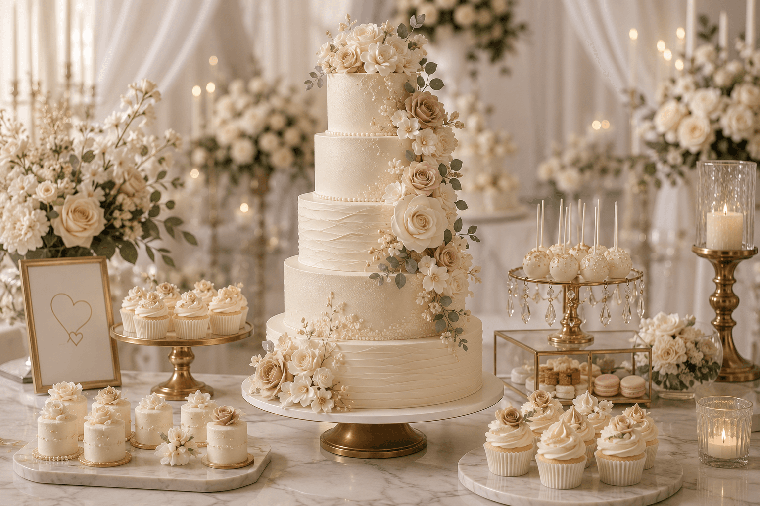 Elegant tiered celebration cake surrounded by flowers and handcrafted desserts