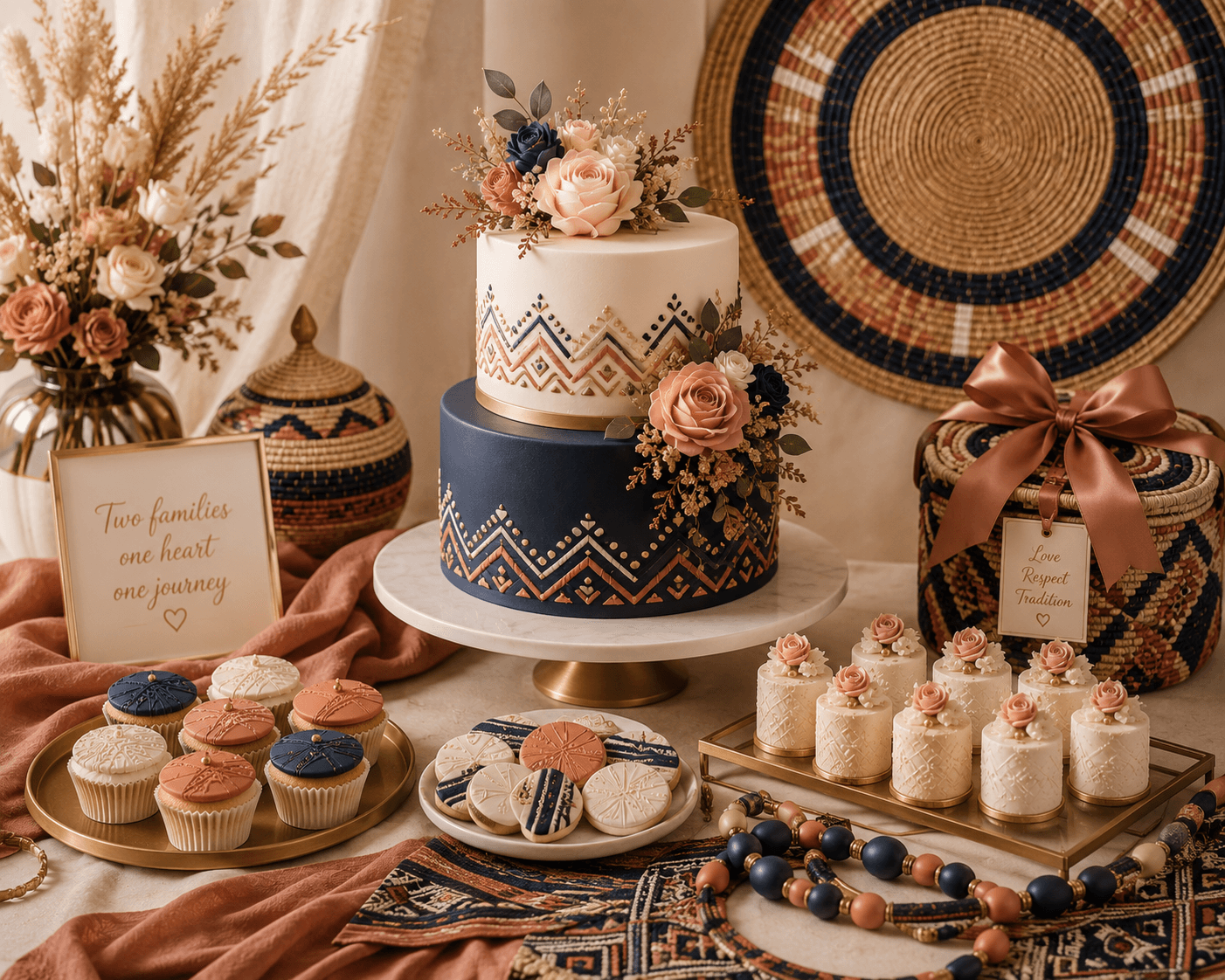 Celebration catering table with cake, cupcakes, desserts and drinks