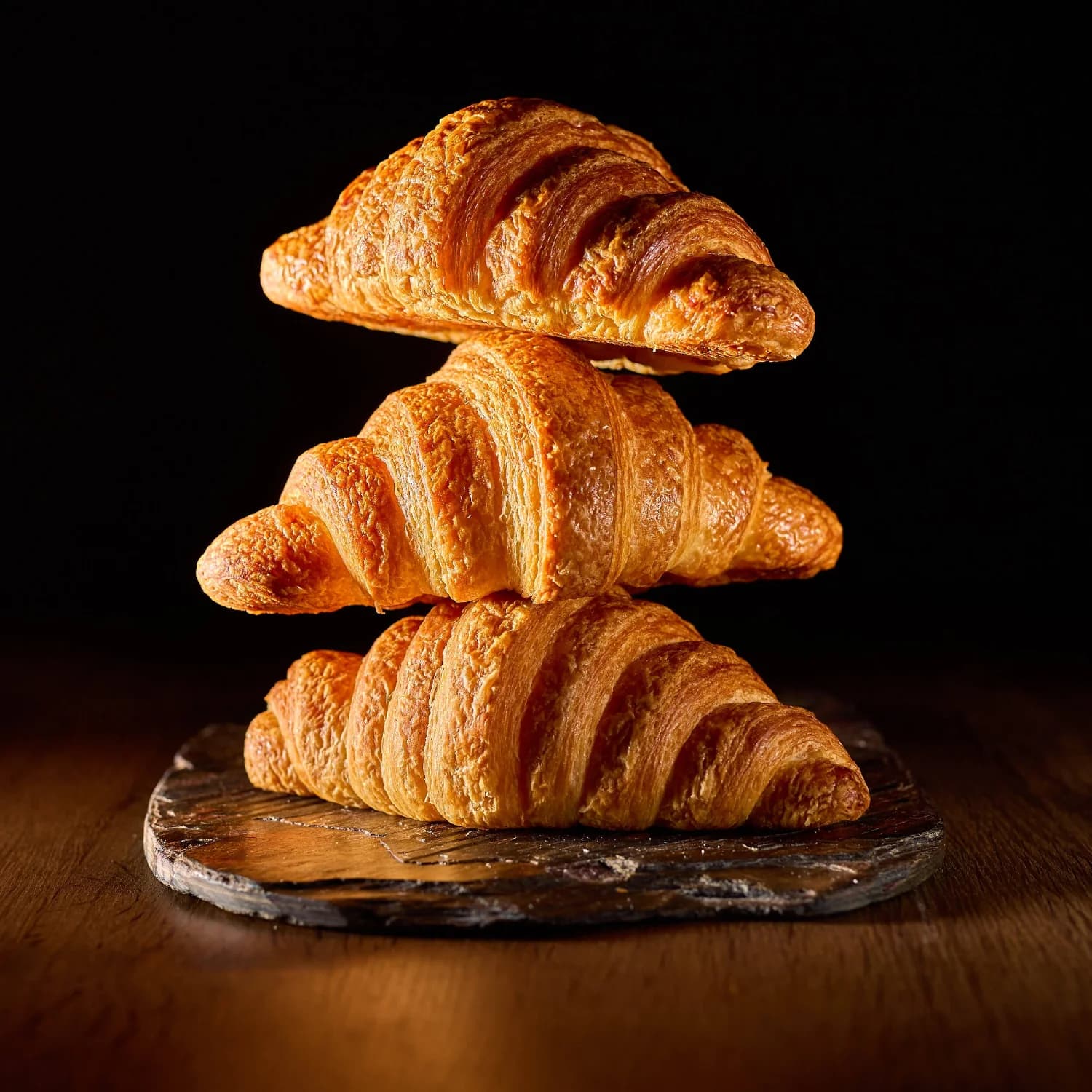 Golden butter croissants stacked on a wooden bakery board
