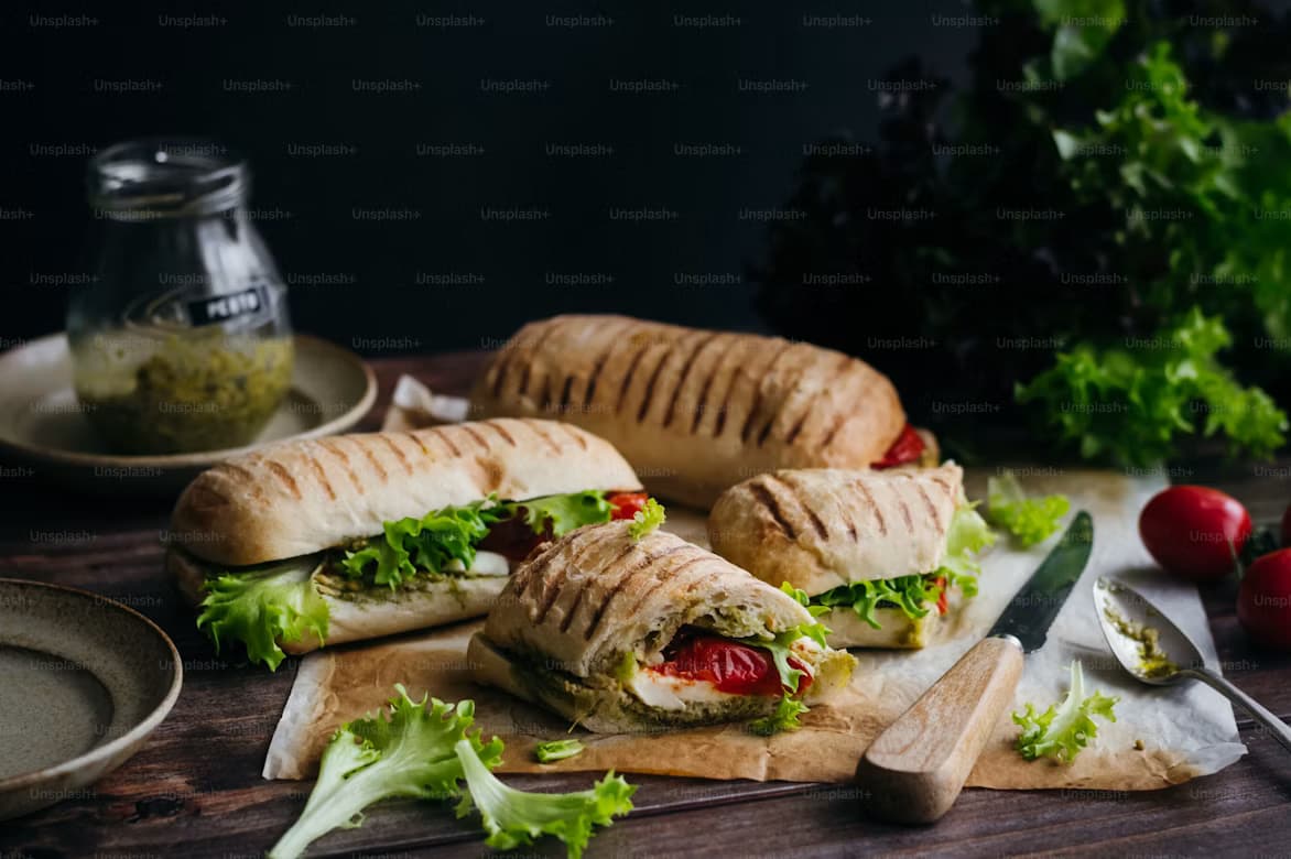 Gourmet sandwiches filled with fresh salad on toasted bread